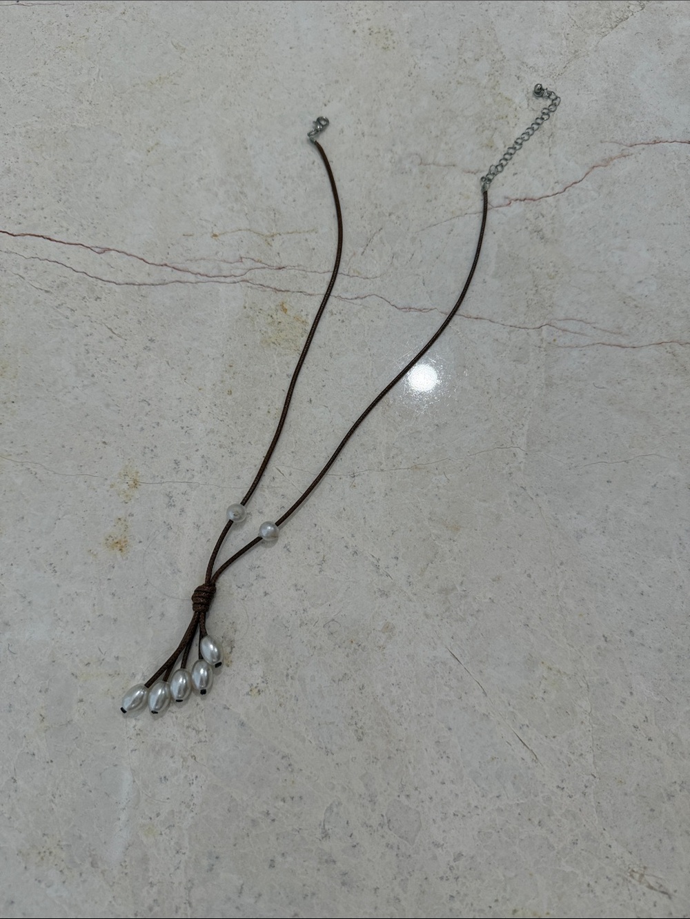 Brown Leather Pearl Accent Lariat Necklace